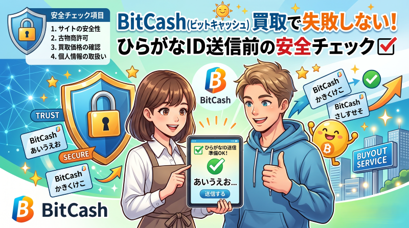 次をアイキャッチ画像にして　BitCash（ビットキャッシュ）買取で失敗しない！ひらがなID送信前の安全チェック